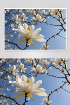 暖阳下盛开高雅莹洁白色玉兰花图片