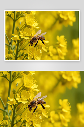 蜜蜂春天采蜜特写油菜花黄色大光圈图片