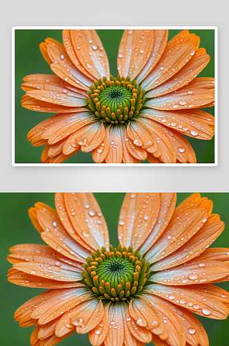 橘色桔色菊带露珠绿色背景微距摄影图片