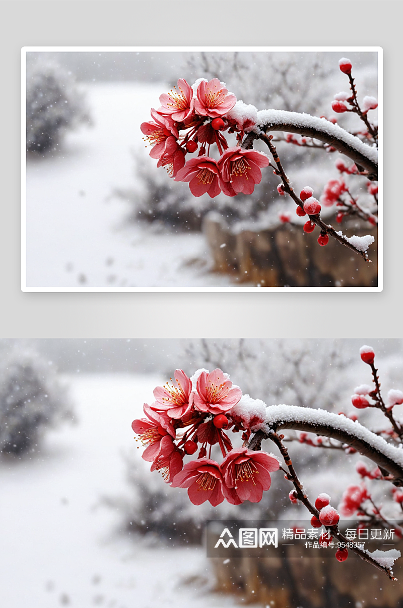 红梅傲雪一朵雪中盛开红梅花图片素材