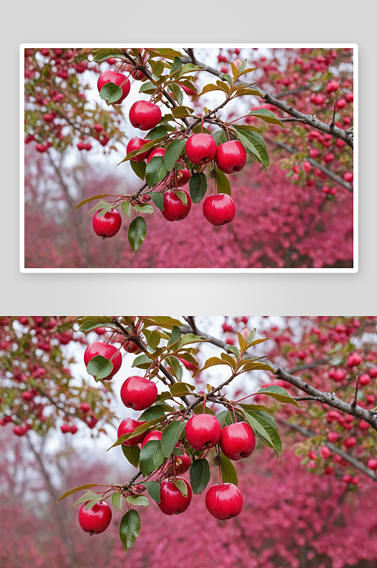 粉红垂丝海棠树三颗椭圆红色果实特写图片