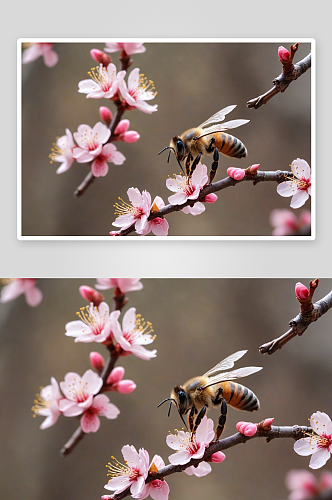 春天盛开桃花林蜜蜂采蜜图片