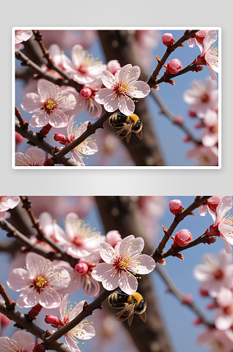 春天盛开梅花蜜蜂采蜜图片