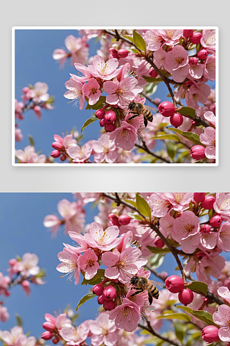 春天盛开海棠花蜜蜂特写图片