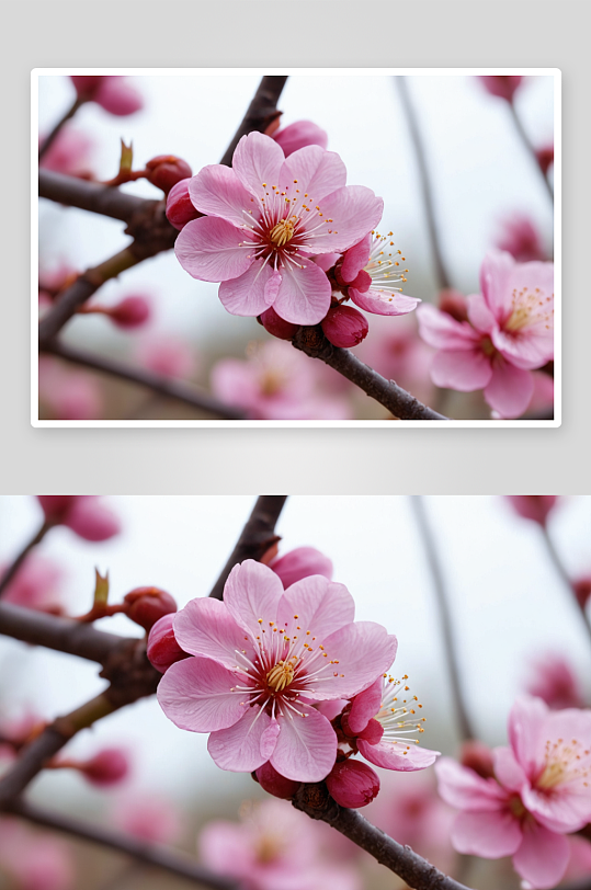 春天里盛开一枝美人梅花朵特写图片