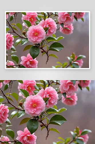 春天里盛开粉红色茶花图片