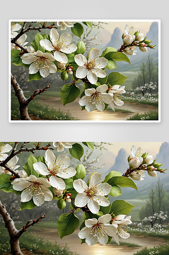 春天梨花树枝绿叶图片