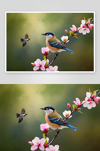春天花鸟图红胁蓝尾鸲鸟图片