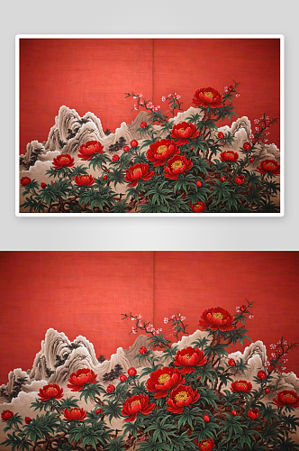 春天红墙牡丹花图片