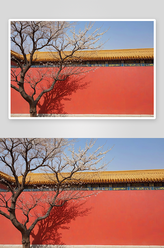 春天红墙黄瓦满树梨花盛开图片