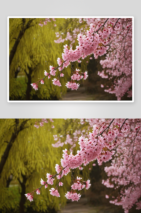 春天公园中盛开粉色垂枝樱花图片