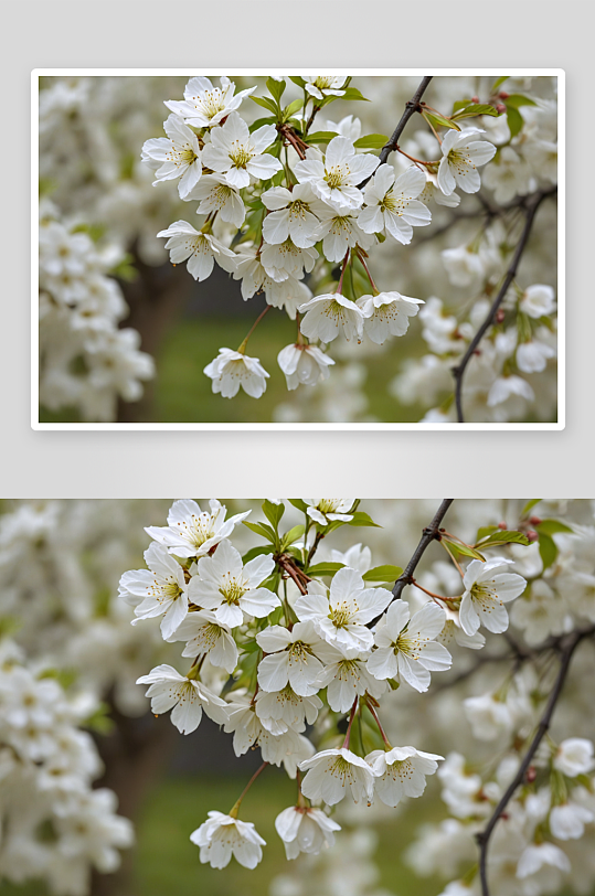春天公园中盛开白色垂枝樱花图片
