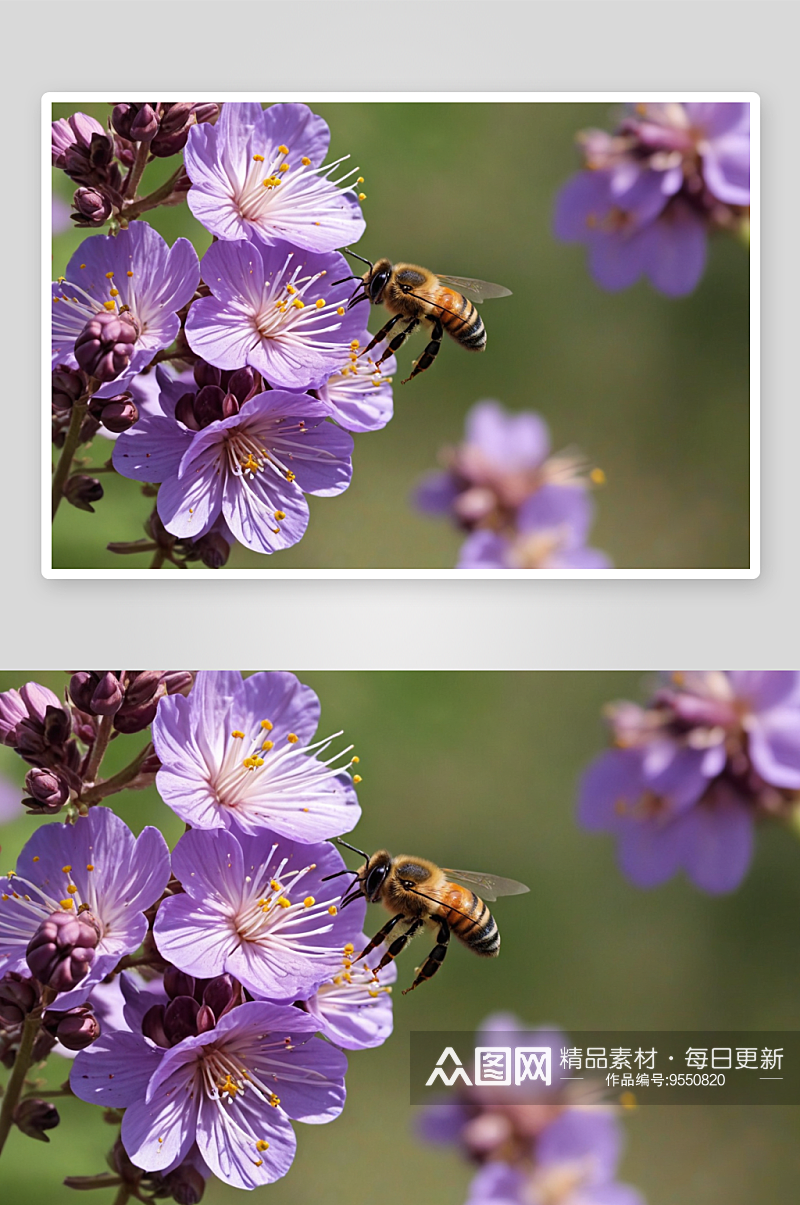 蜜蜂紫花授粉特写镜头图片素材