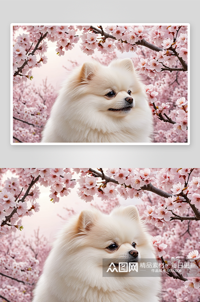春天樱花桃花梅花宠物狗白色博美犬图片素材