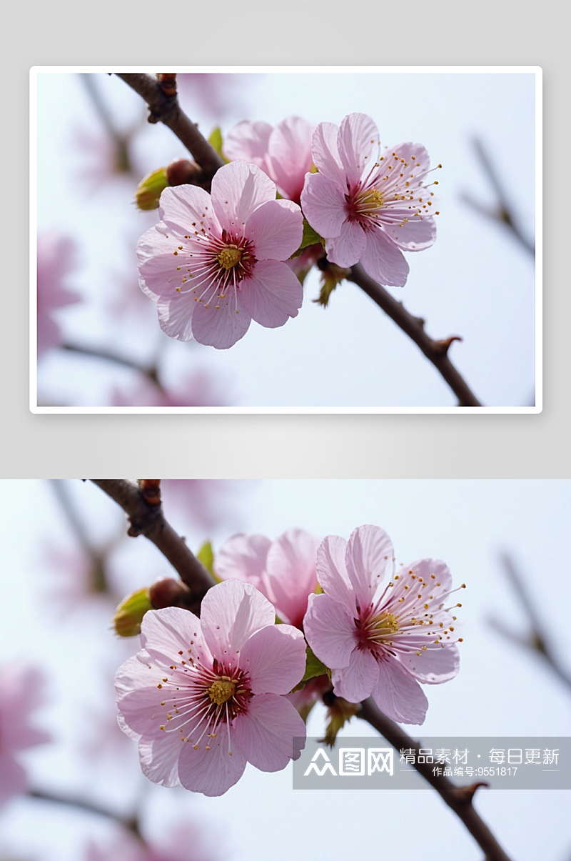 春天里盛开一枝美人梅花朵特写图片素材