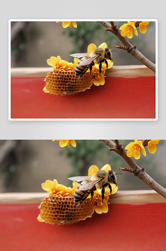 春天腊梅花采蜜蜜蜂图片