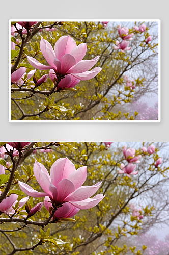 春日下粉紫色玉兰花图片
