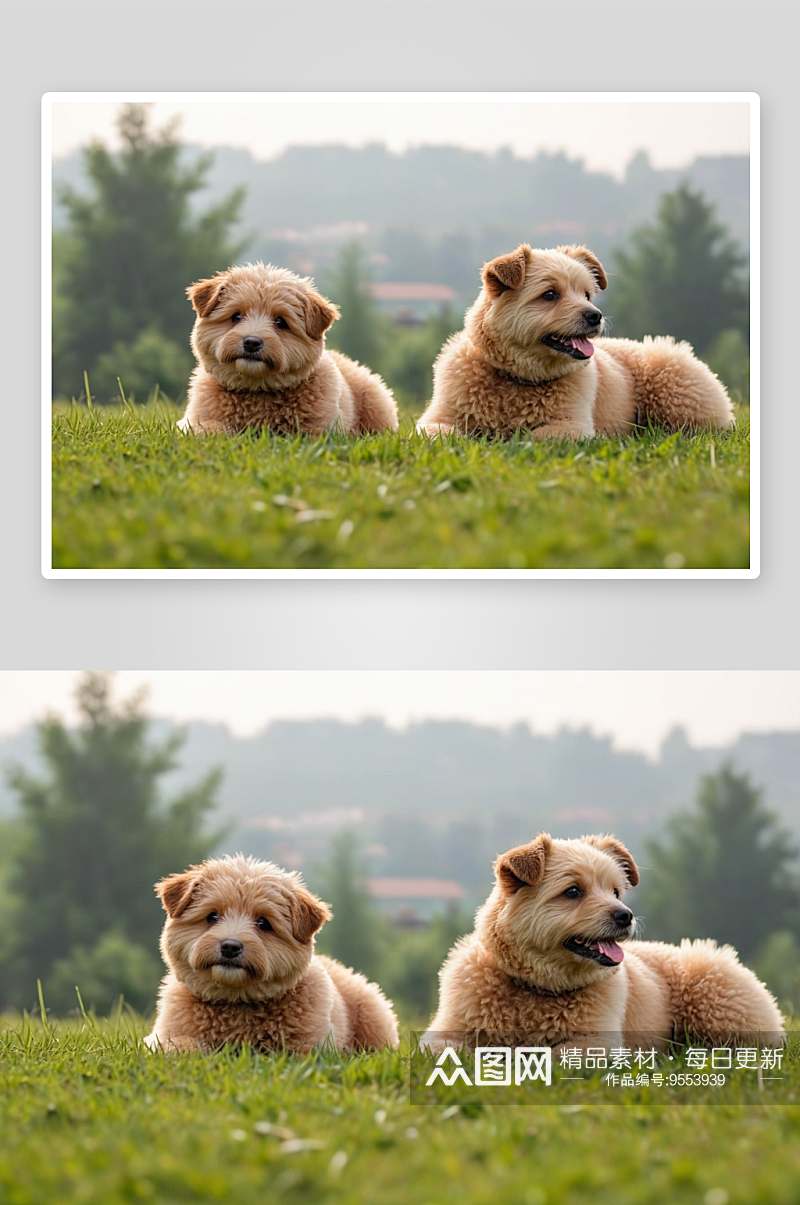 两只草丛里翘首盼泰迪犬图片素材