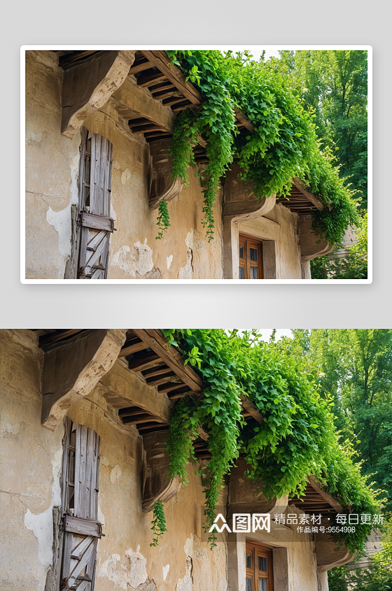 古村落旧建筑屋檐长着绿色植物图片素材