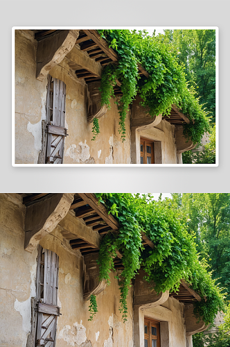 古村落旧建筑屋檐长着绿色植物图片