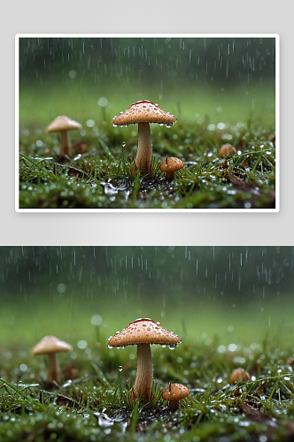 春天雨露中小蘑菇图片