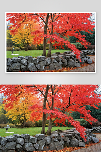 园林留园秋天红枫红叶风光图片