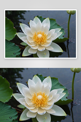 雨后池塘里盛开白色莲花静物特写图片