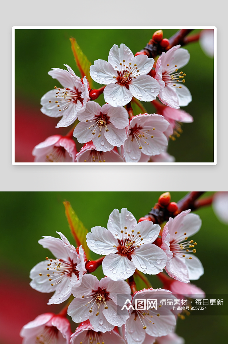 樱花微距春天春分红色绿色开花雨季图片素材