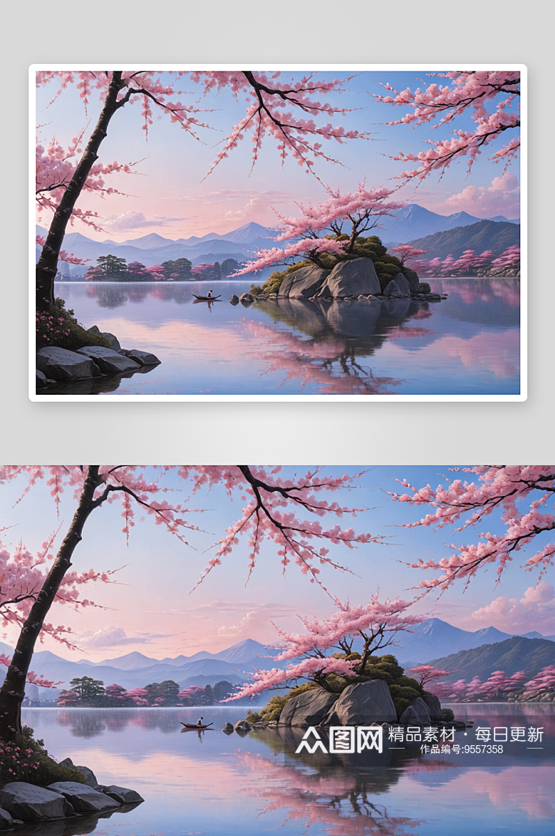 樱花粉色蓝天湖面图片素材