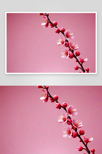 一枝盛开粉红色梅花红色背景图片
