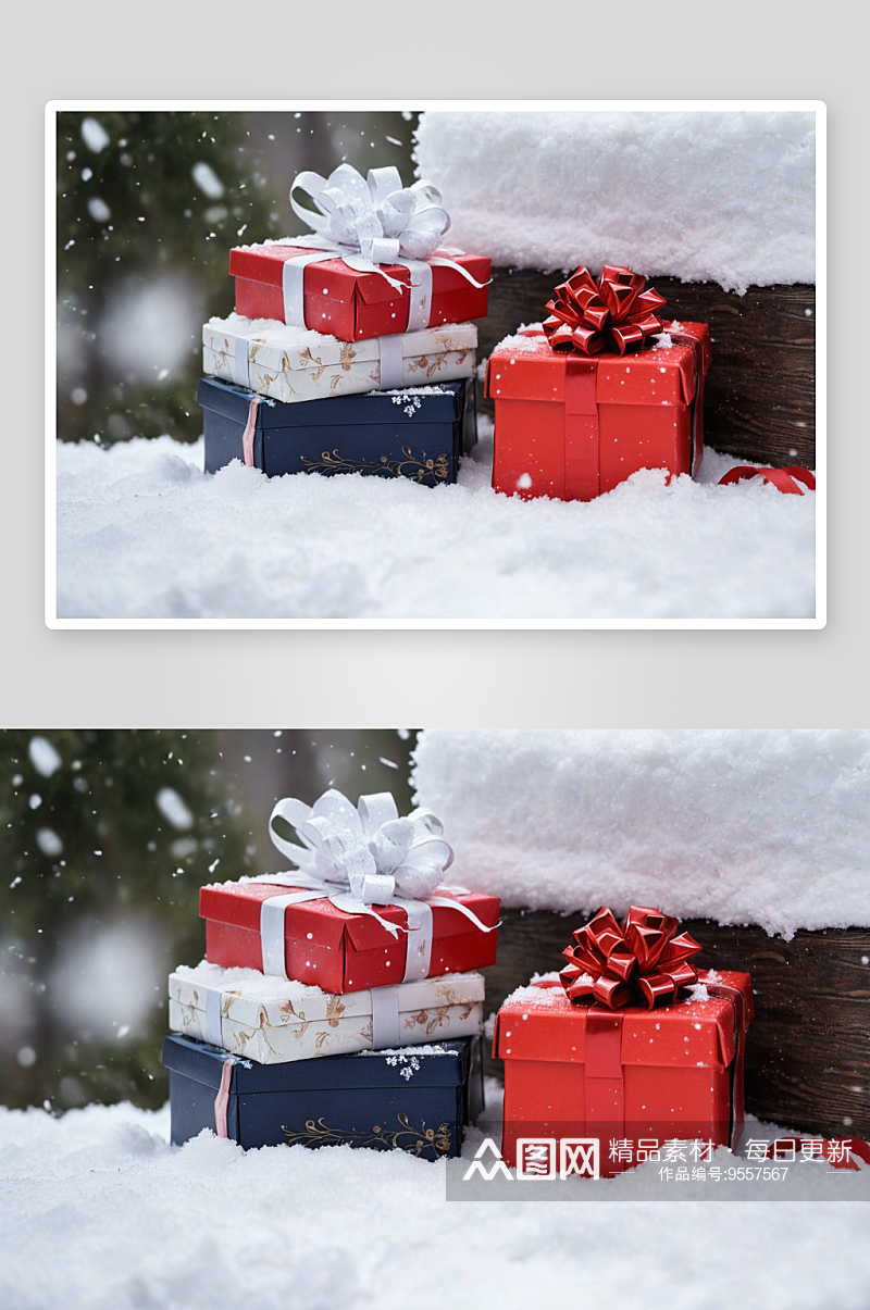 一堆放雪地里礼物图片素材