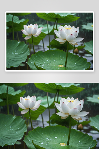 雨后池塘里盛开白色莲花静物特写图片