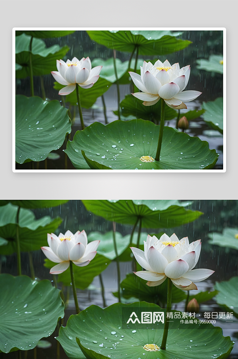 雨后池塘里盛开白色莲花静物特写图片素材