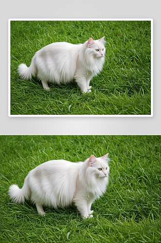 一只绿色草地乳白长毛猫图片