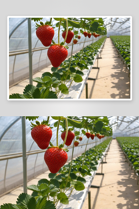 阳光大棚里草莓园采摘图片