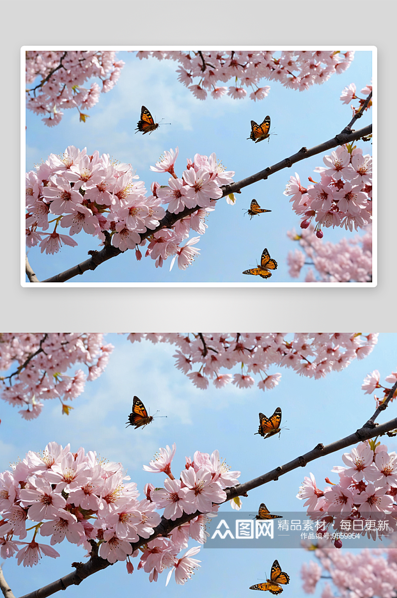 春天盛开樱花采花蝴蝶蜜蜂图片素材