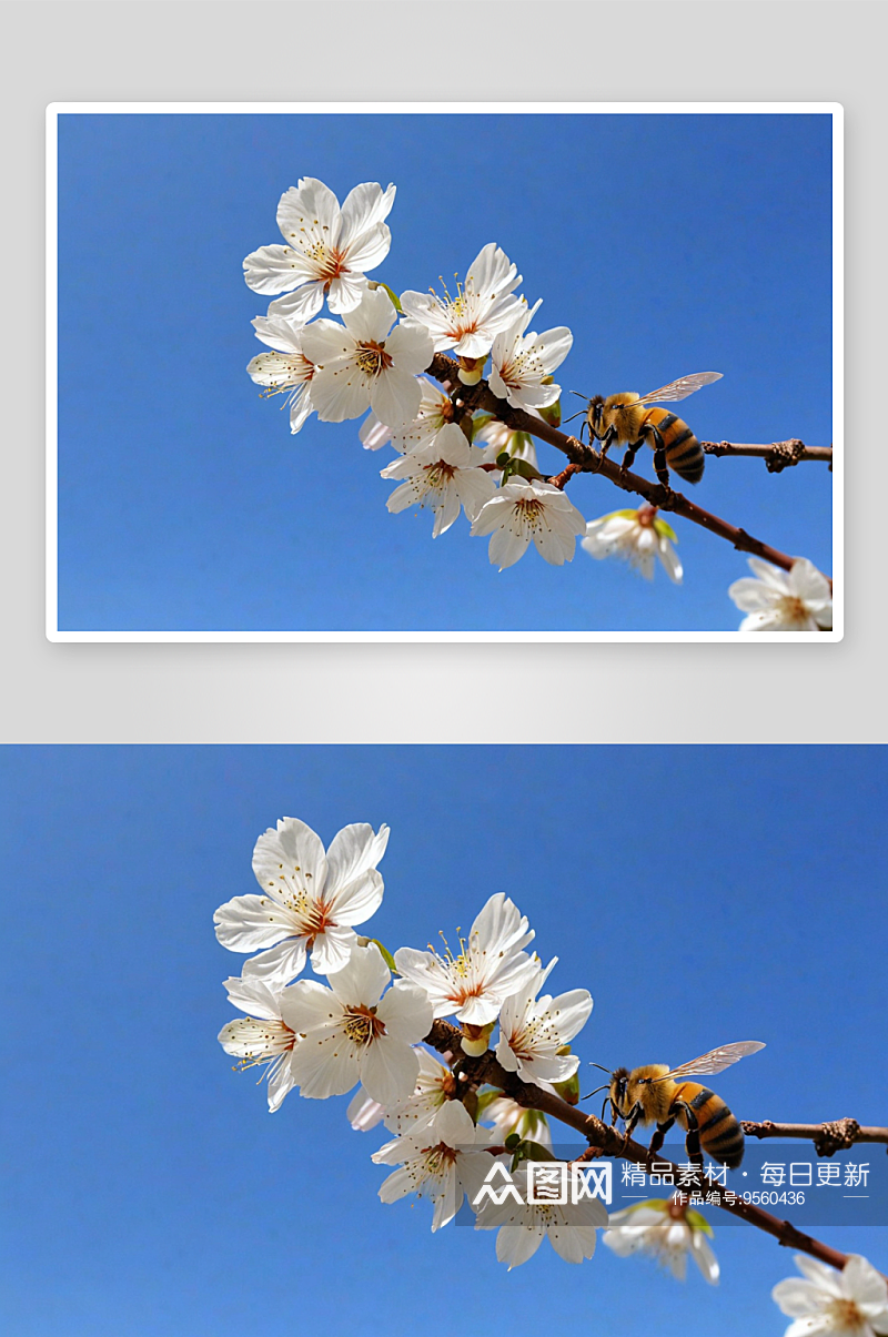 春天白色樱桃花蜜蜂采蜜图片素材