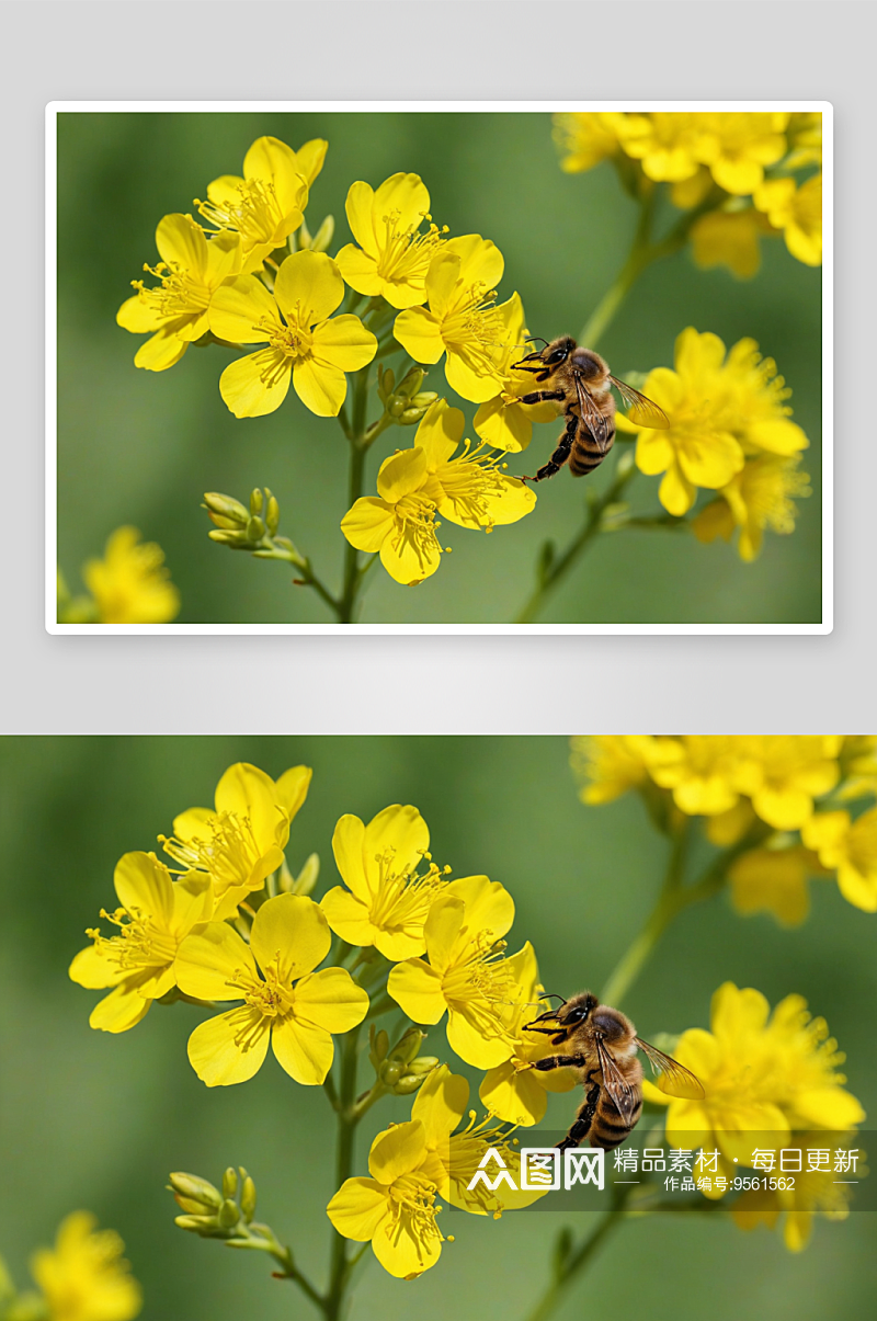 蜜蜂采蜜油菜花黄色春天夏天微距图片素材