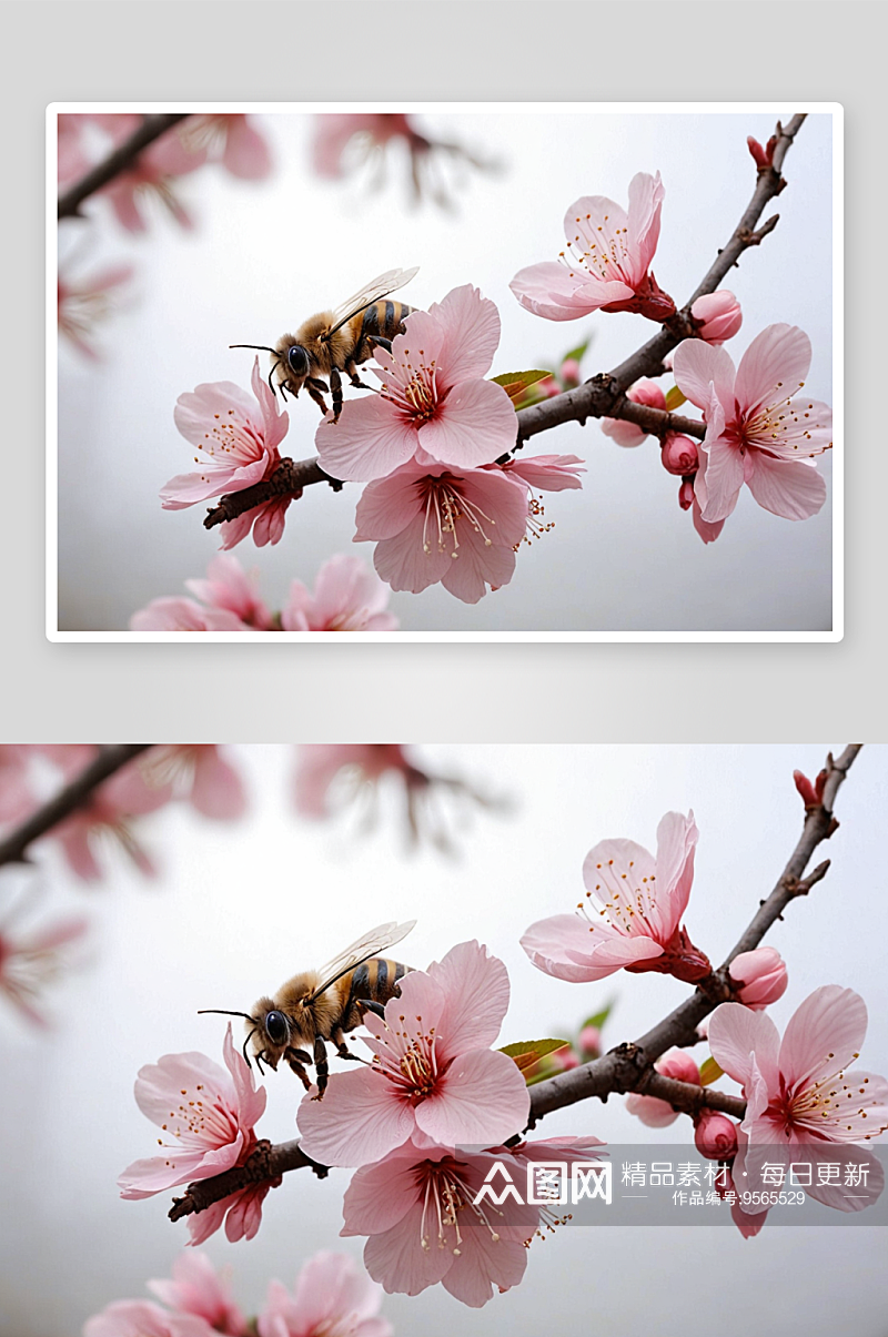 蜜蜂采花桃花盛开图片素材