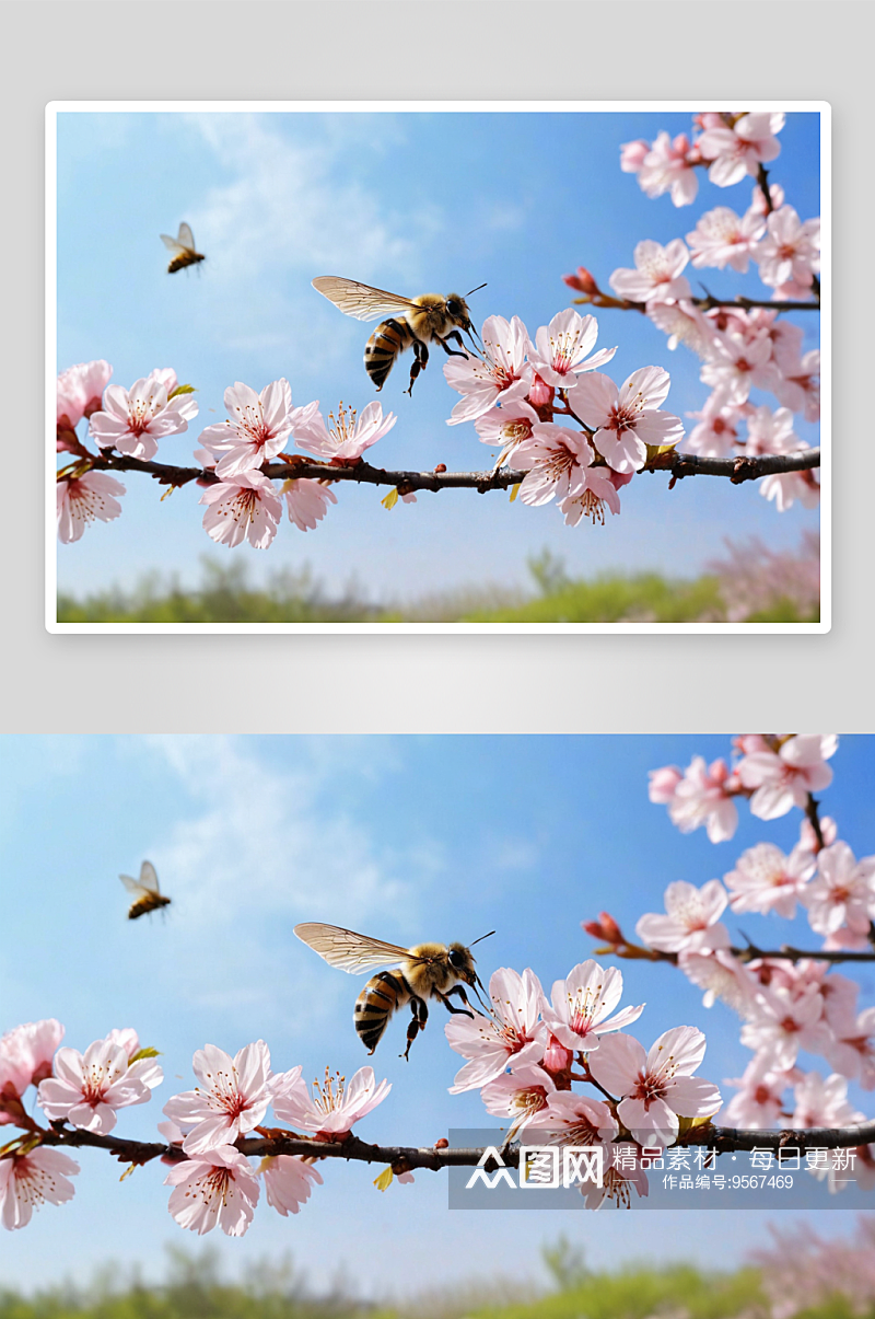 春天盛开樱花采花蝴蝶蜜蜂图片素材