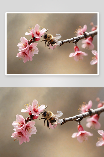 春天里盛开桃花杏花蜜蜂图片