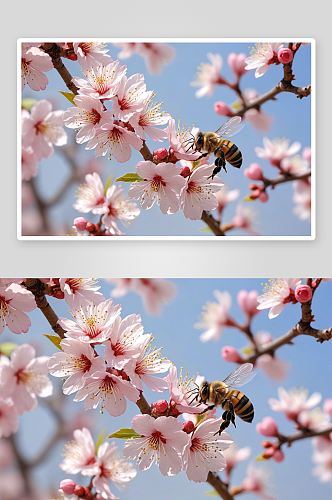 春季桃花杏花樱花开蜜蜂花蕊图片