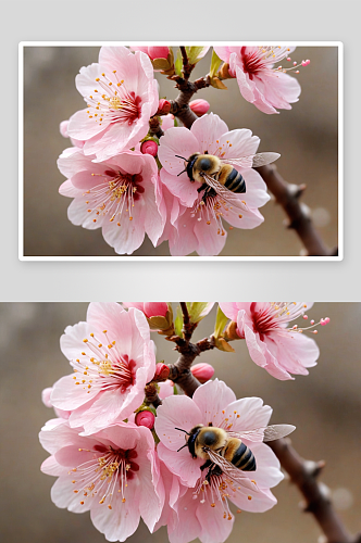 春天里盛开桃花杏花蜜蜂图片
