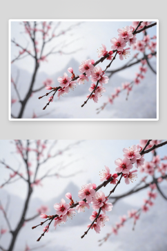 挂着雪花桃花树枝户外特写图片