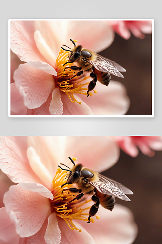 微距特写蜜蜂采蜜春天桃花昆虫图片