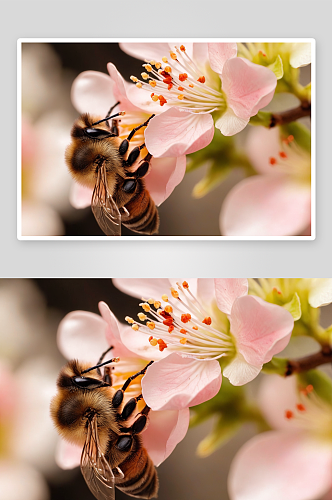 微距特写蜜蜂采蜜春天桃花昆虫图片