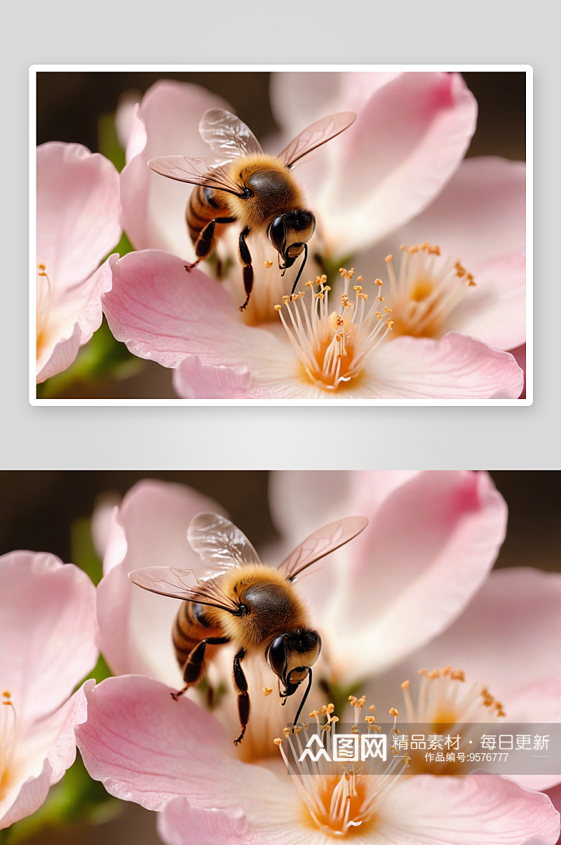 微距特写蜜蜂采蜜春天桃花昆虫图片素材