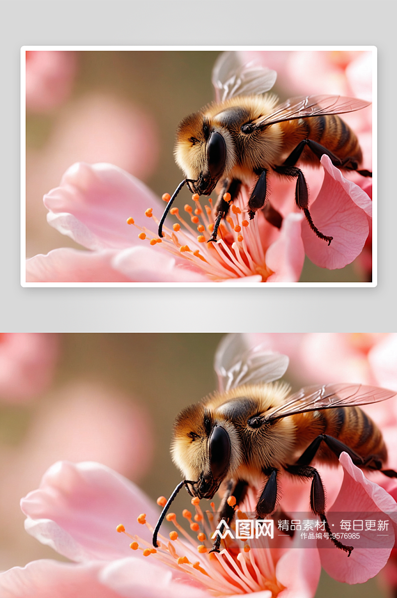微距特写蜜蜂采蜜春天桃花昆虫图片素材