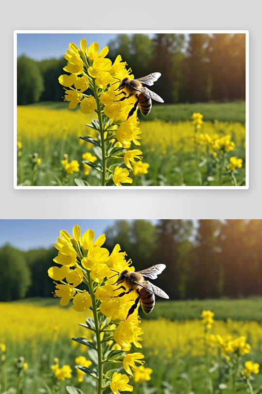 一只蜜蜂油菜花上授粉图片