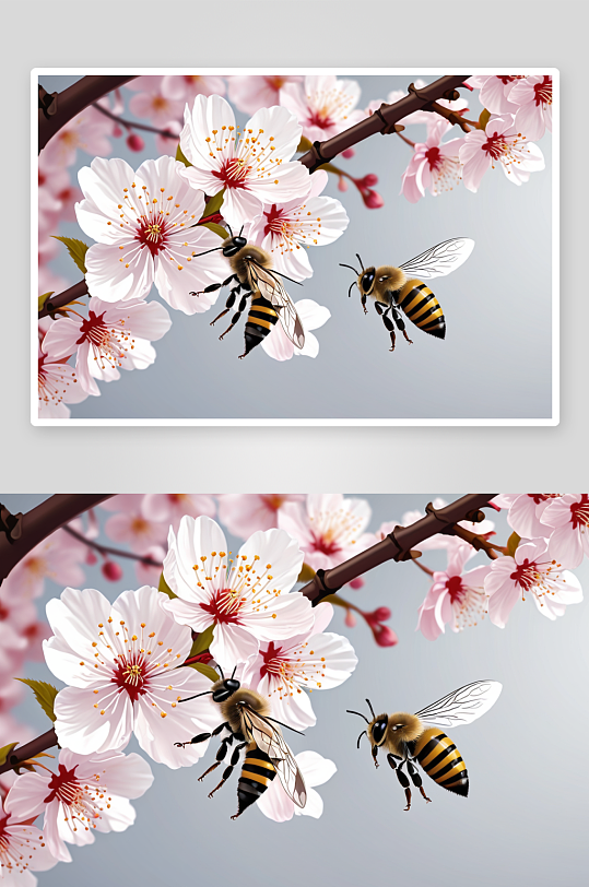 一只蜜蜂樱桃花间飞舞采蜜图片